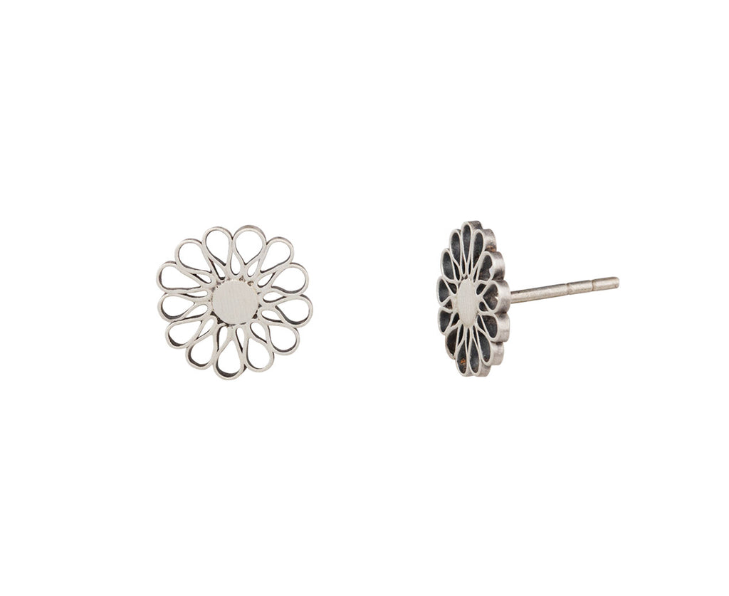 Jane Diaz Silver Filigree Flower Earrings - Closeup and Side View