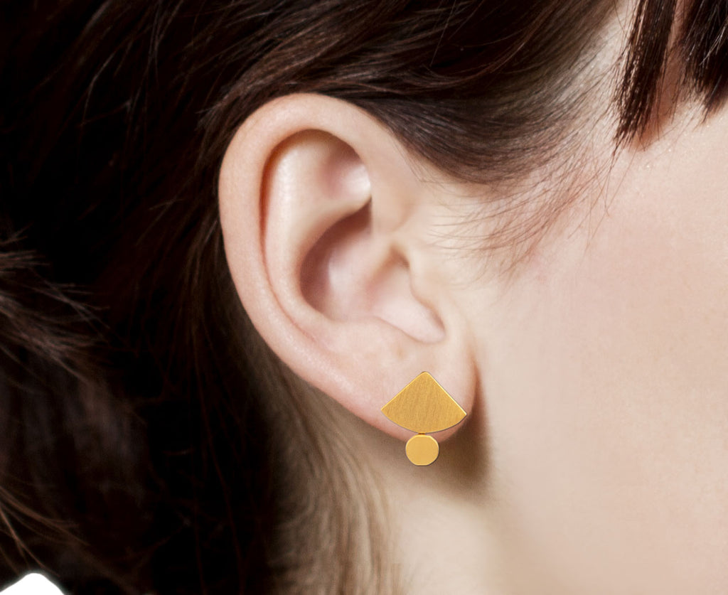 Jane Diaz Gold Plated Fan and Disc Earrings - Profile Closeup