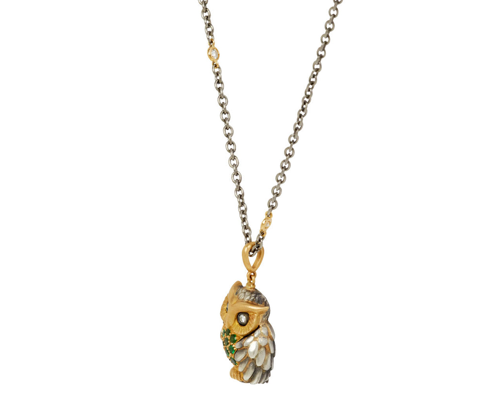 Elva Tsavorite and Diamond Owl Pendant Necklace - side