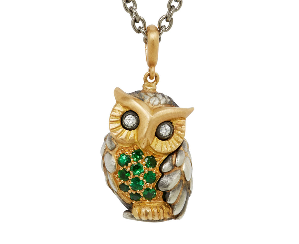 Elva Tsavorite and Diamond Owl Pendant Necklace - closeup