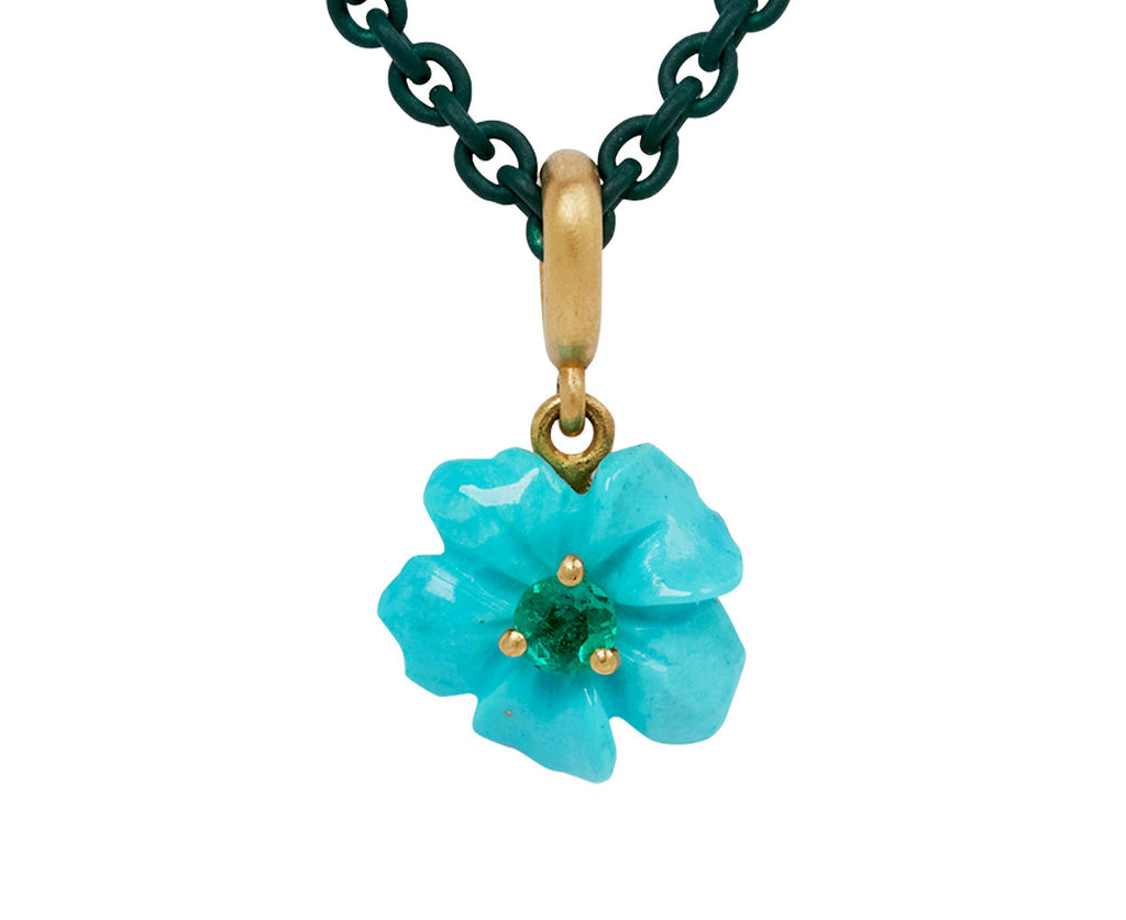 Elva Turquoise and Emerald Flower Pendant Necklace - closeup
