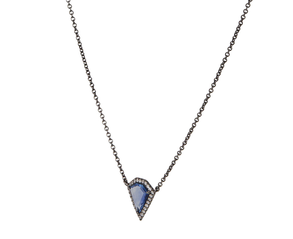Eva Fehren Shield Sapphire and Diamond Halo Pendant Necklace Side View