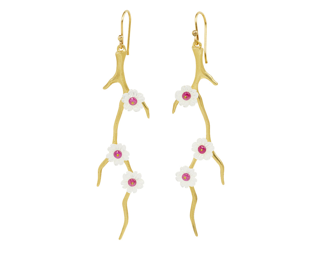 Ruby and Mother-of-Pearl Dogwood Branch Earrings