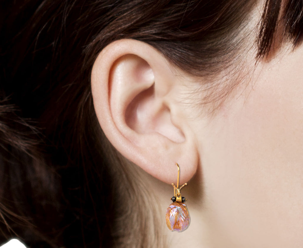 Natural Pearl and Black Diamond Beetle Earrings