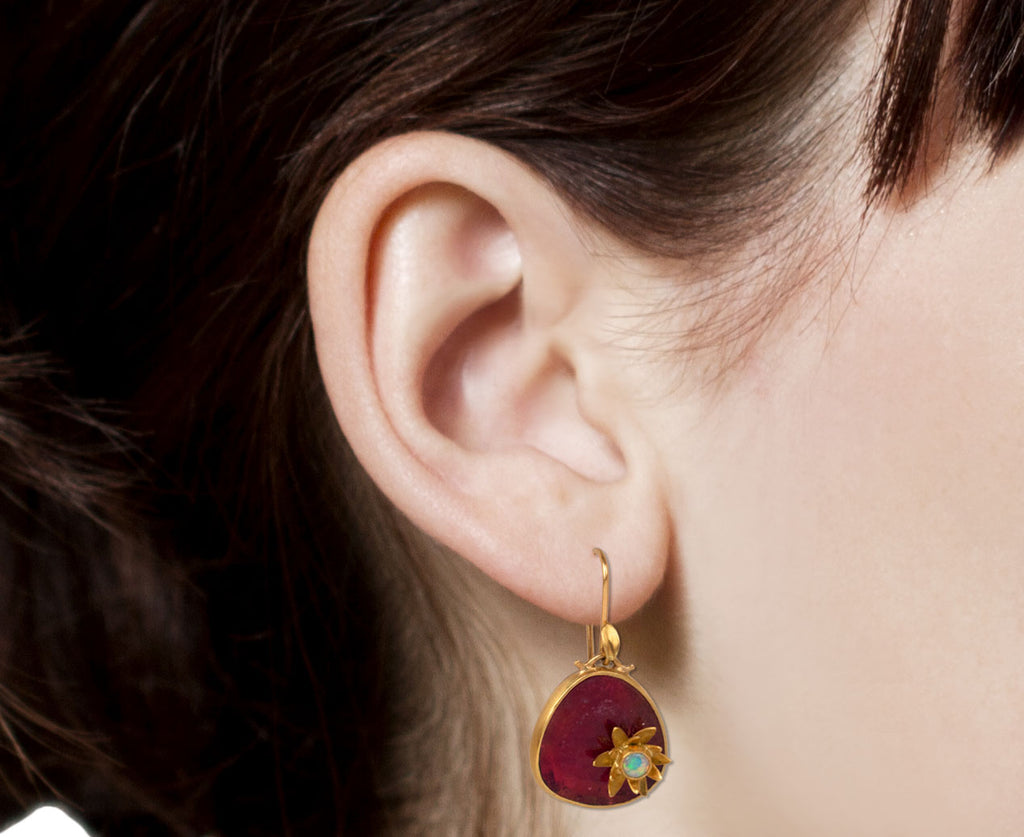 Rubellite and Opal Monet Waterlily Earrings