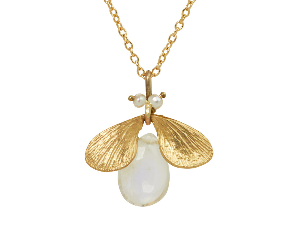 Annette Ferdinandsen Rainbow Moonstone and Pearl Jeweled Bug Pendant Necklace - closeup