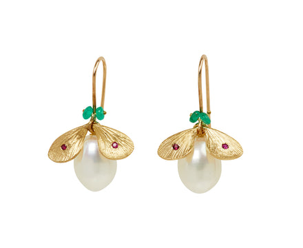 Annette Ferdinandsen Pearl, Emerald and Ruby Jeweled Bug Earrings