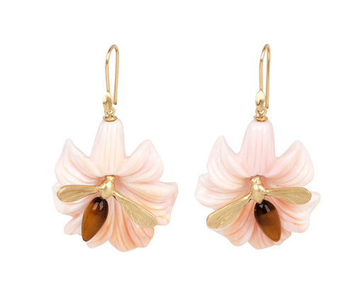Pink Conch Lily Blossom and Tigers Eye Bee Earrings
