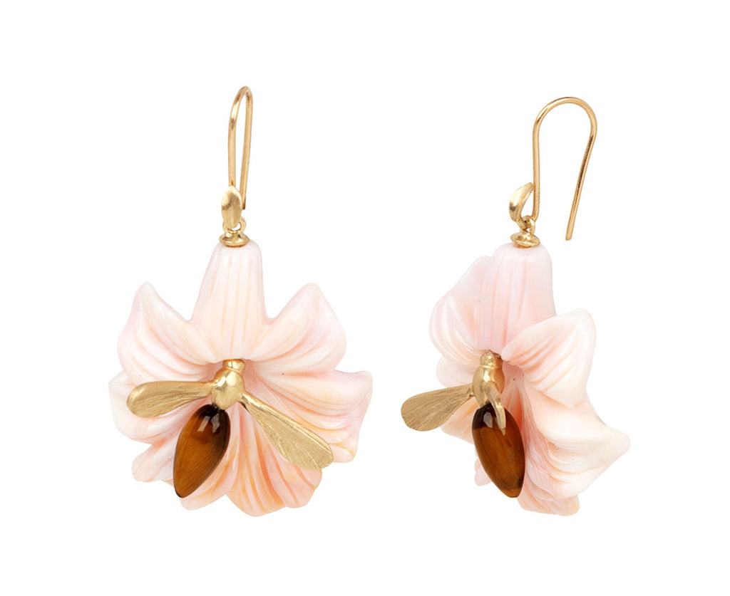 Pink Conch Lily Blossom and Tigers Eye Bee Earrings