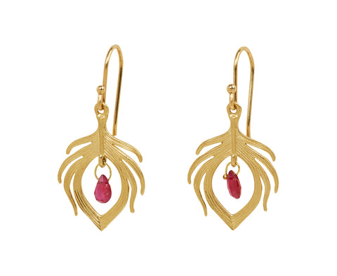 Annette Ferdinandsen Tiny Ruby Peacock Feather Earrings