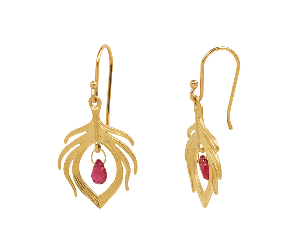 Annette Ferdinandsen Tiny Ruby Peacock Feather Earrings - side