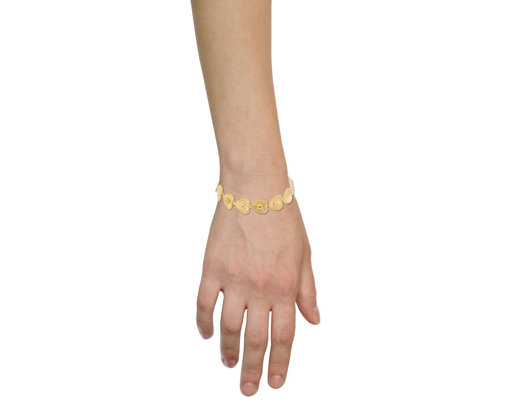 18K Yellow Gold Heart Link Pave Bracelet Engraved Oversized