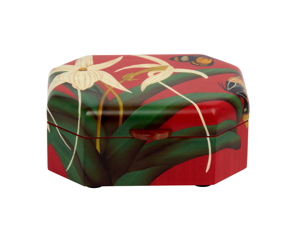 Small White Orchid and Butterfly Marquetry Box