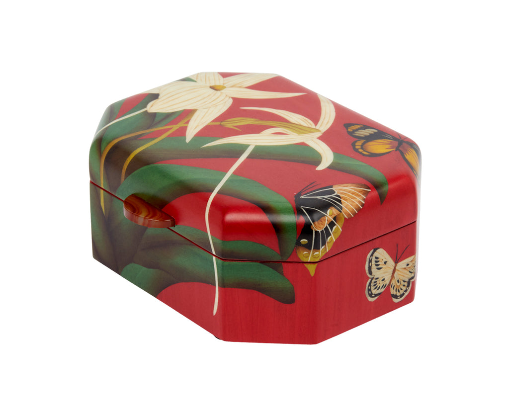 Small White Orchid and Butterfly Marquetry Box