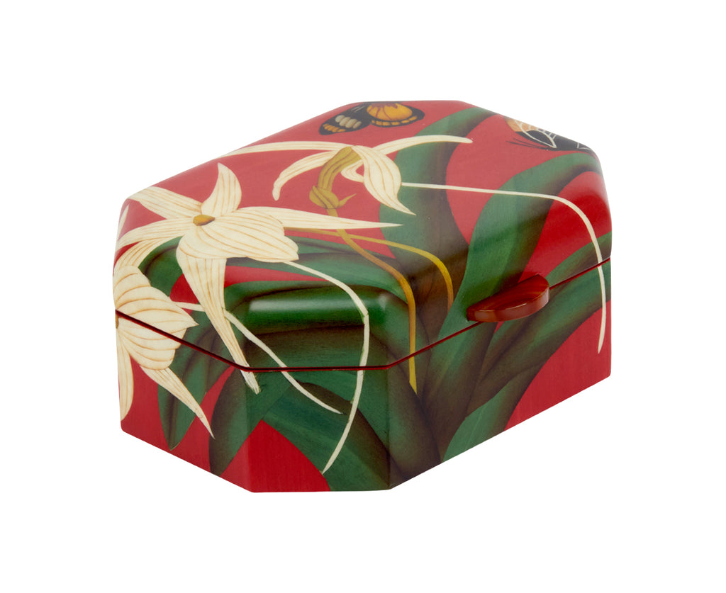 Small White Orchid and Butterfly Marquetry Box