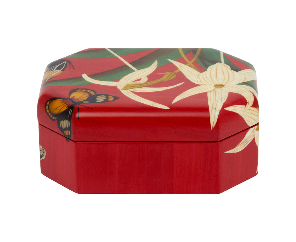 Small White Orchid and Butterfly Marquetry Box