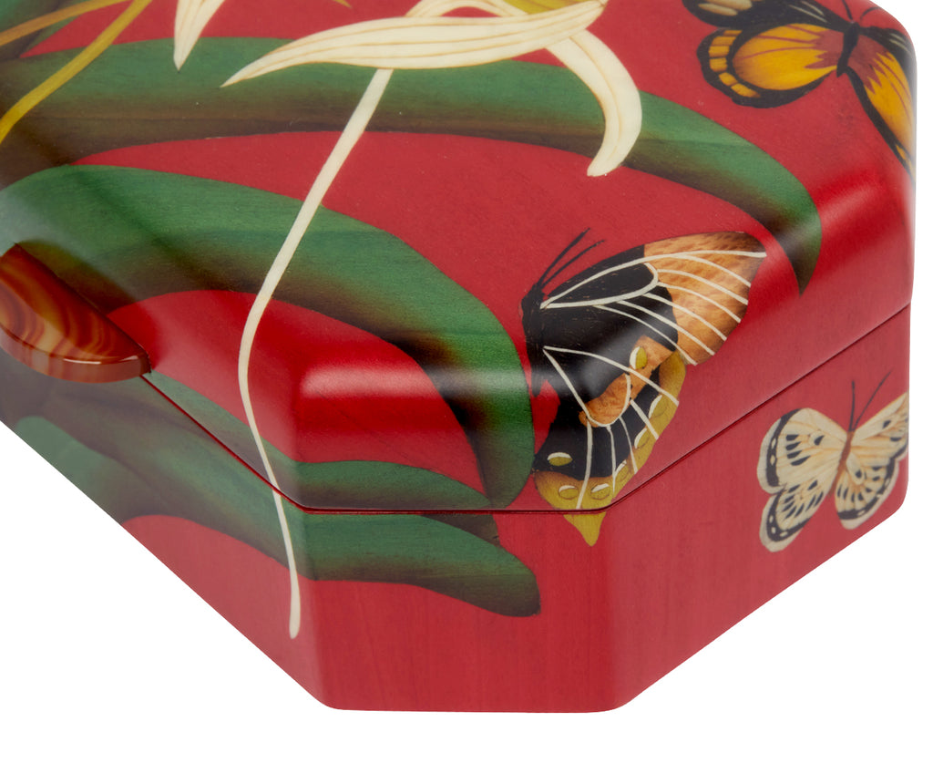 Small White Orchid and Butterfly Marquetry Box