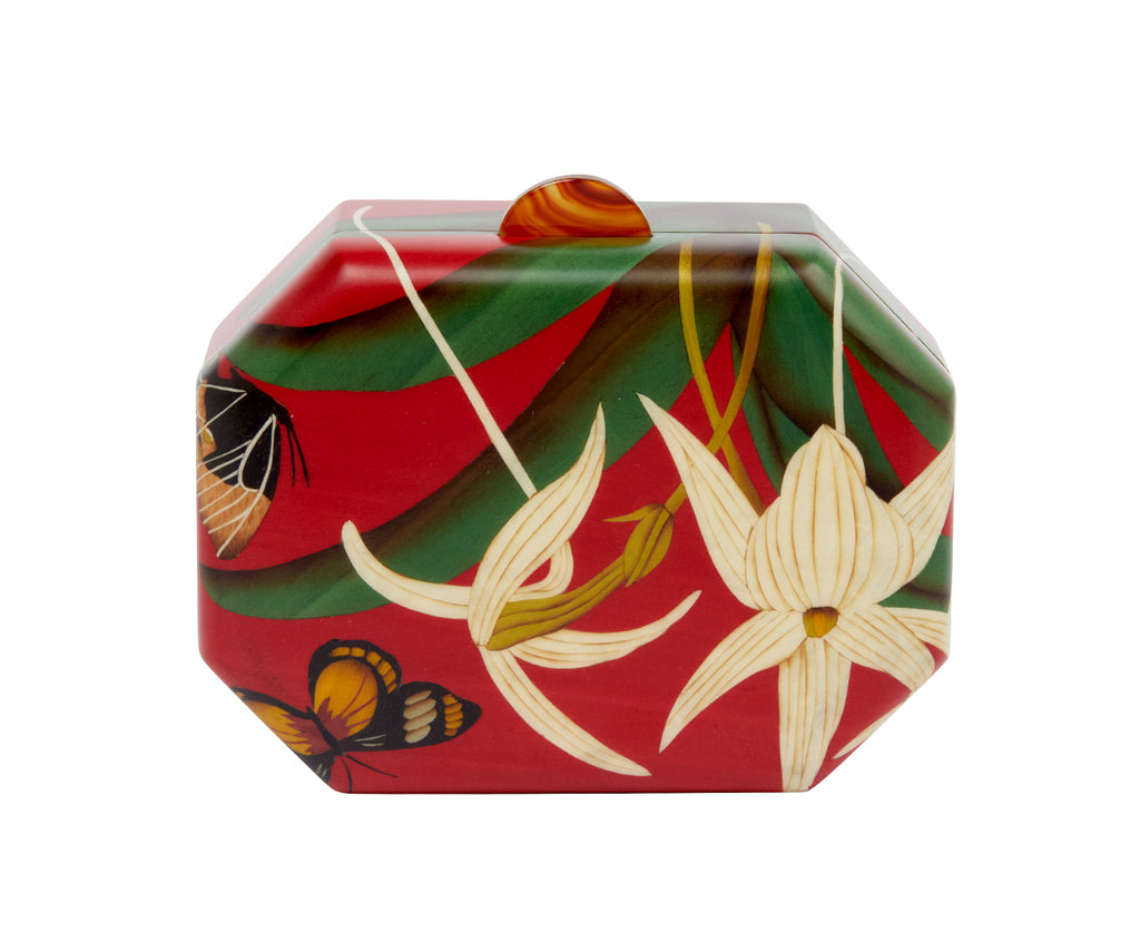 Small White Orchid and Butterfly Marquetry Box