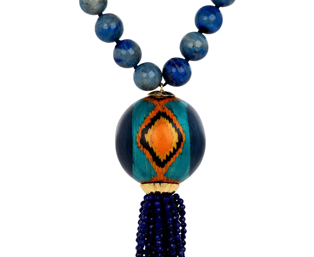 Silvia Furmanovich Lapis Bead and Tassel Marquetry Ball Necklace Close Up Ball
