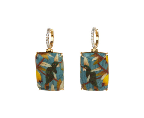 Diamond Huggie and Bird Marquetry Drop Earrings