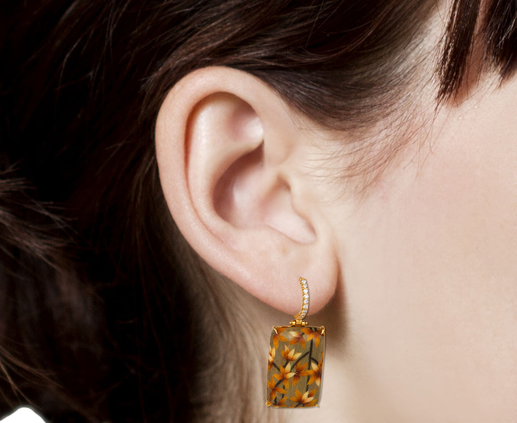 Silvia Furmanovich Diamond Huggie and Bird Marquetry Drop Earrings Close Up Profile