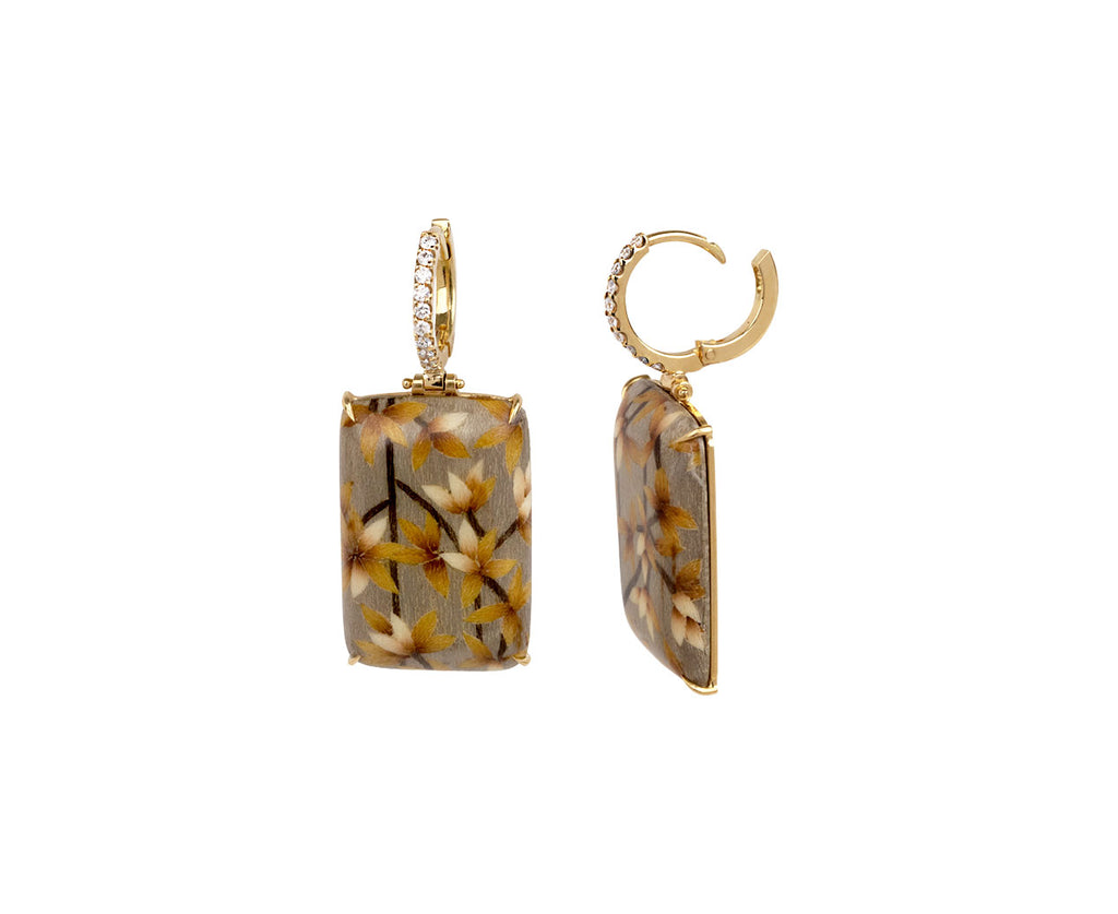 Silvia Furmanovich Diamond Huggie and Bird Marquetry Drop Earrings Hoop Open