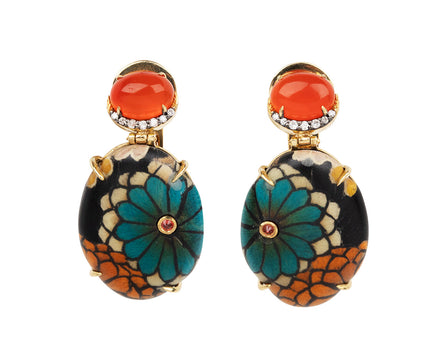 Blue and Orange Floral Marquetry Earrings