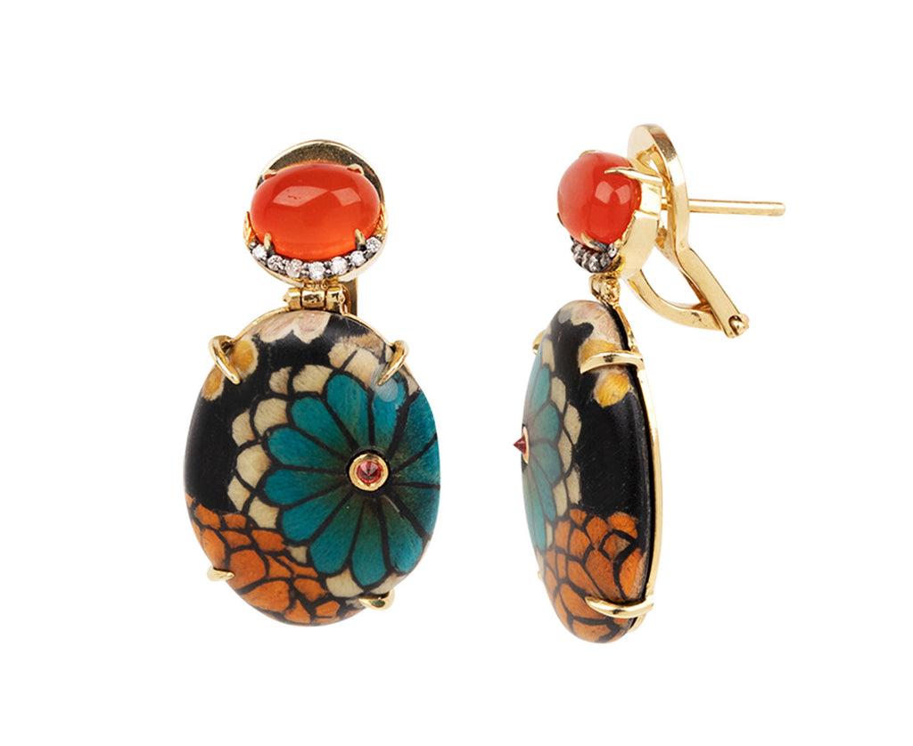 Blue and Orange Floral Marquetry Earrings