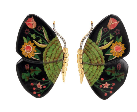 Green and Black Marquetry Diamond Butterfly Earrings