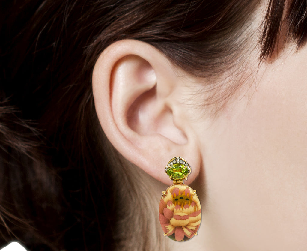 Peridot and Oval Marquetry Lotus Flower Earrings