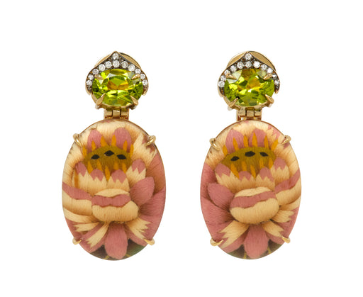 Peridot and Oval Marquetry Lotus Flower Earrings