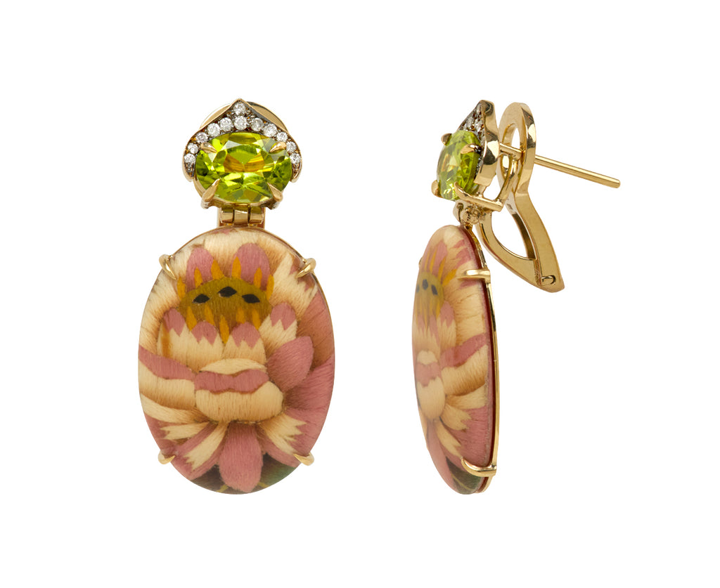 Peridot and Oval Marquetry Lotus Flower Earrings