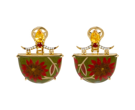 Citrine and Kashmir Flower Marquetry Half Moon Earrings