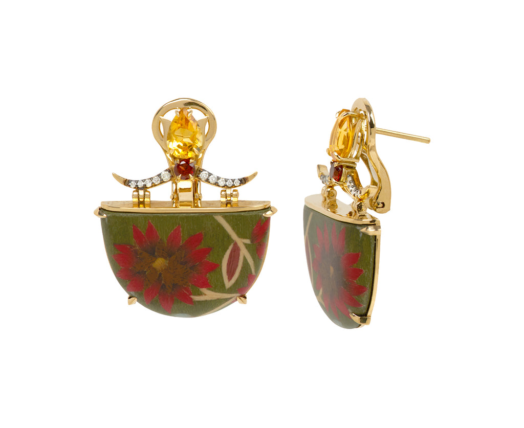 Citrine and Kashmir Flower Marquetry Half Moon Earrings