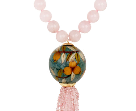 Silvia Furmanovich Rose Quartz Bead and Tassel Marquetry Ball Necklace Close Up