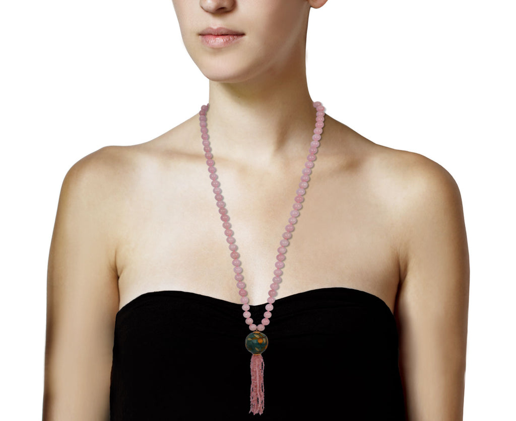 Silvia Furmanovich Rose Quartz Bead and Tassel Marquetry Ball Necklace Profile
