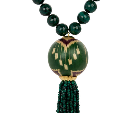Silvia Furmanovich Malachite Bead and Tassel Marquetry Ball Necklace Close Up