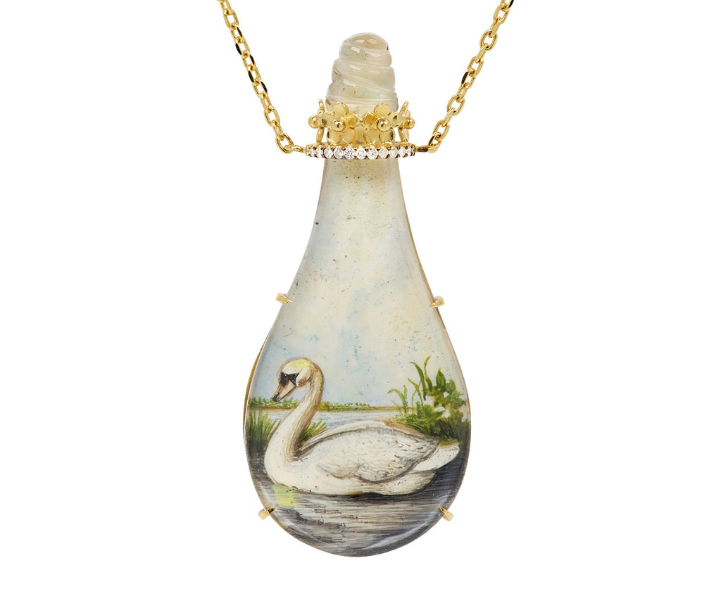 Miniature Swan Painting Diamond Bottle Pendant Necklace