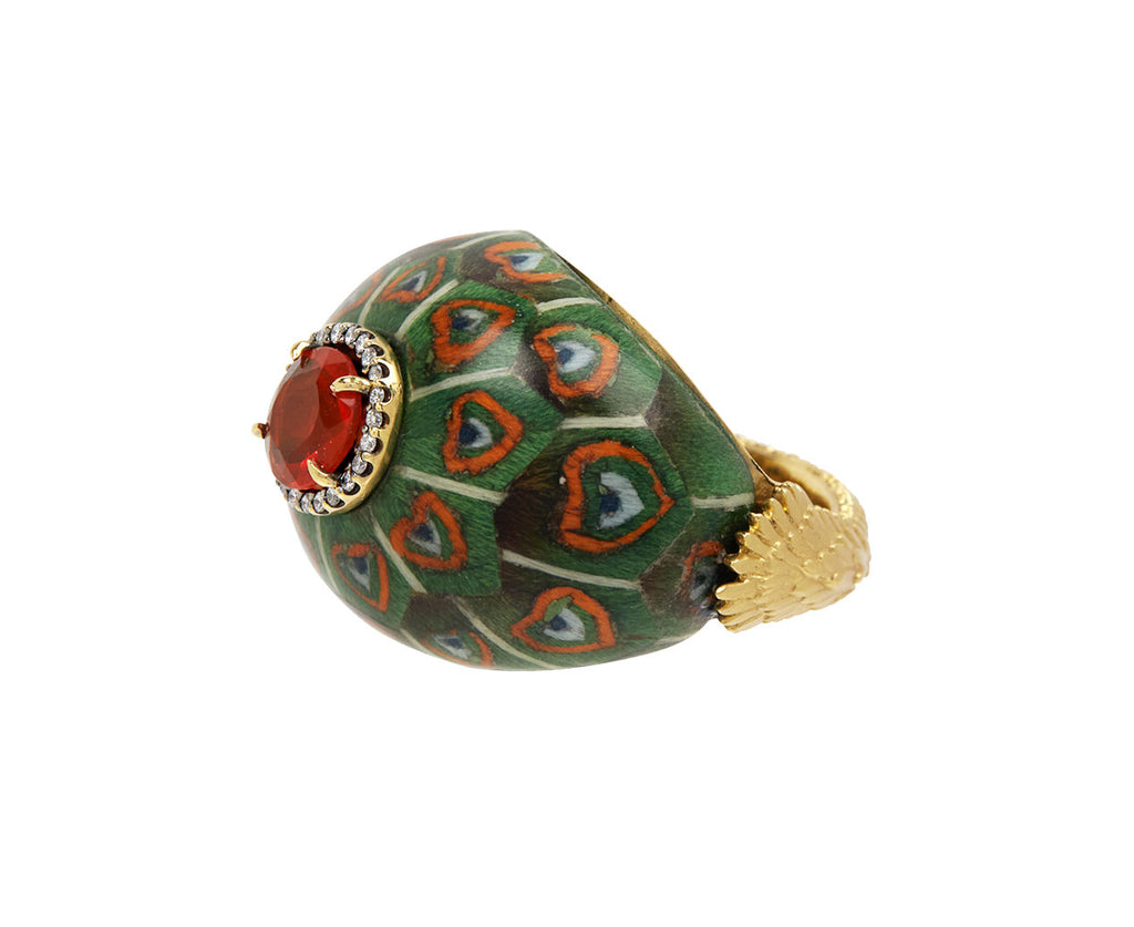 Marquetry Peacock and Fire Opal Ring