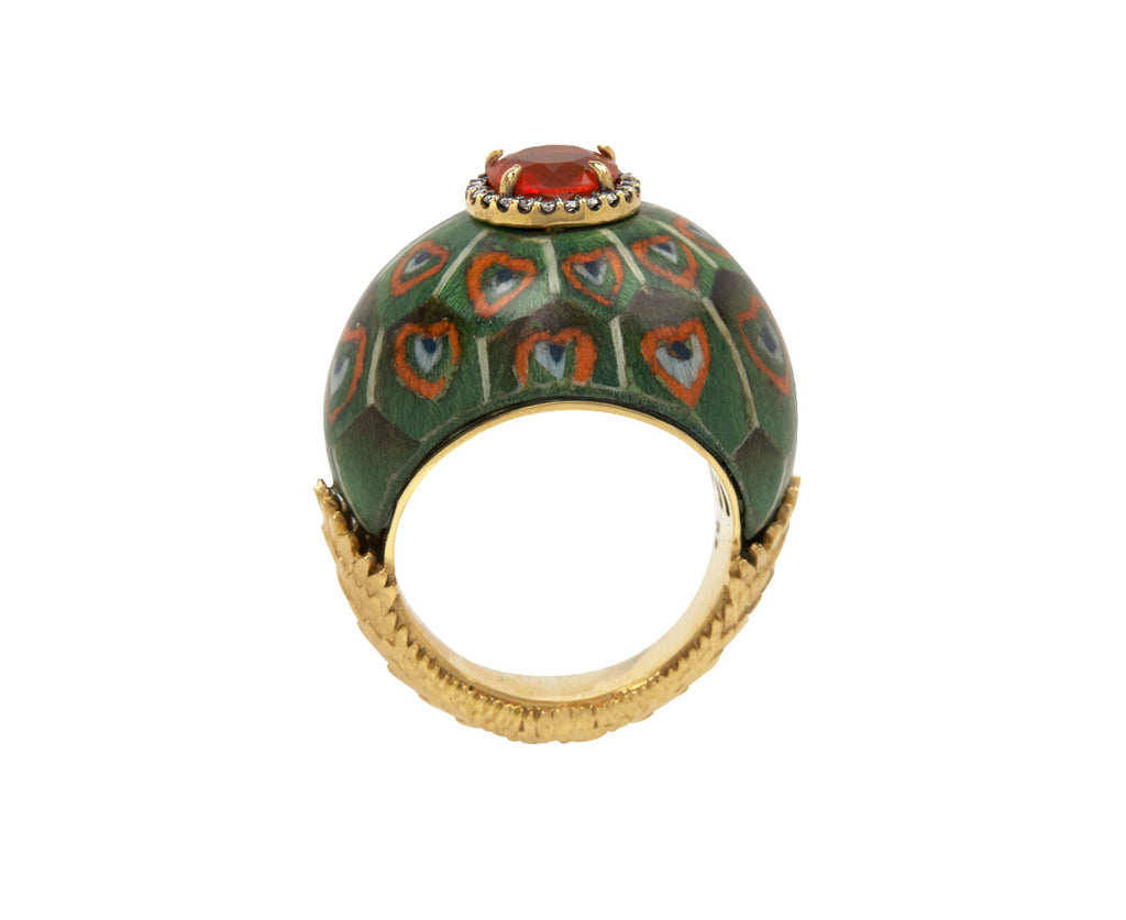 Marquetry Peacock and Fire Opal Ring