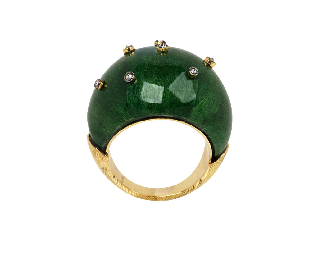 Green Lacquered and Diamond Spike Ring