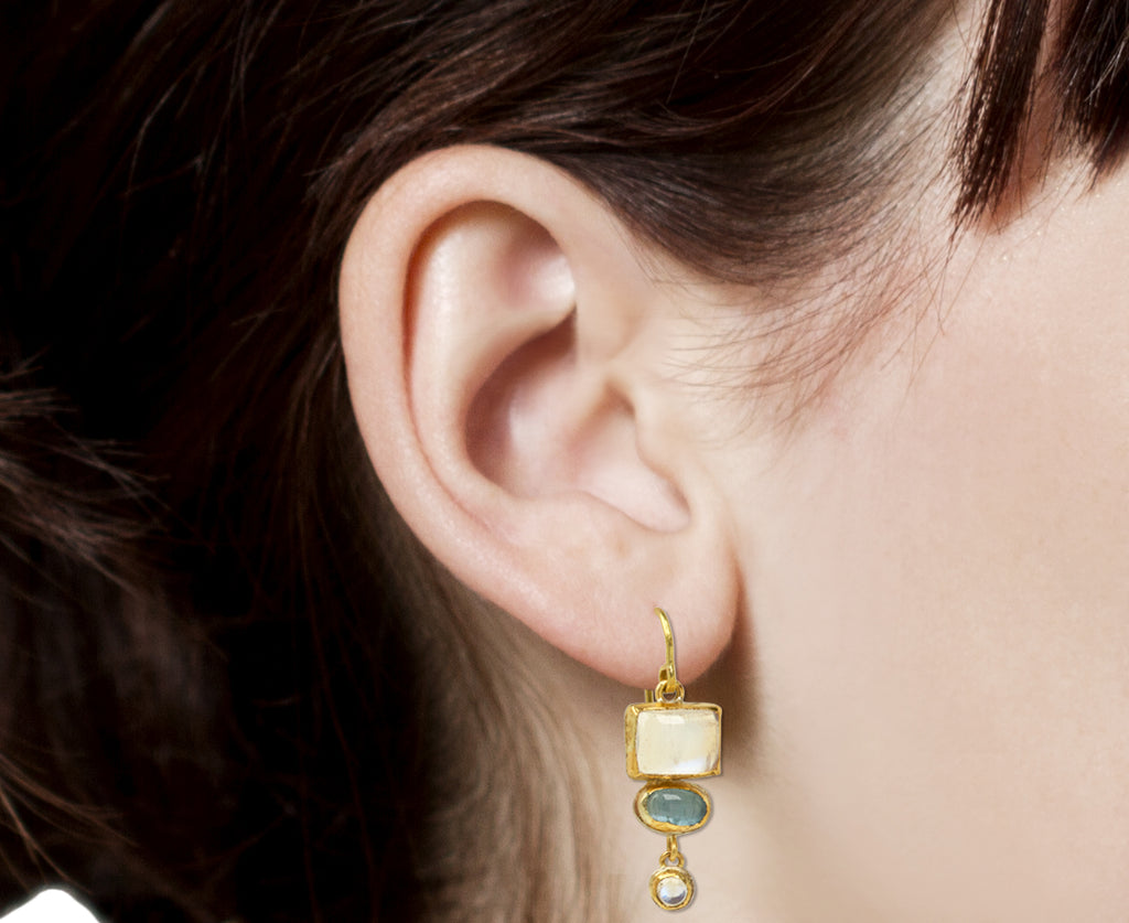 Aquamarine and Moonstone Triple Drop Earrings