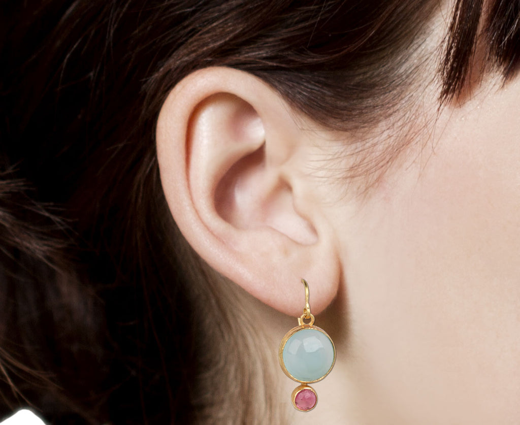 Round Blue Chalcedony and Pink Tourmaline Earrings