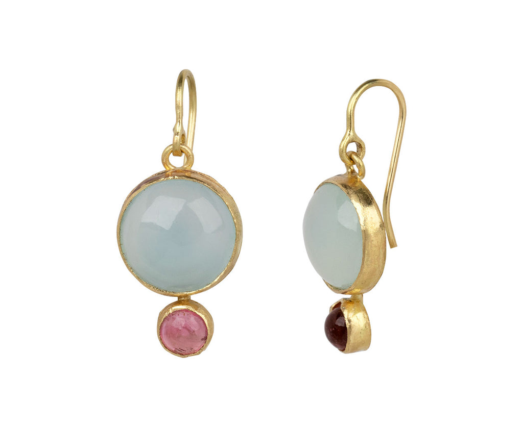 Round Blue Chalcedony and Pink Tourmaline Earrings