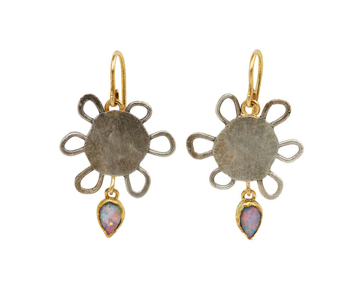 Silver Flowery Earrings with Opal Drop