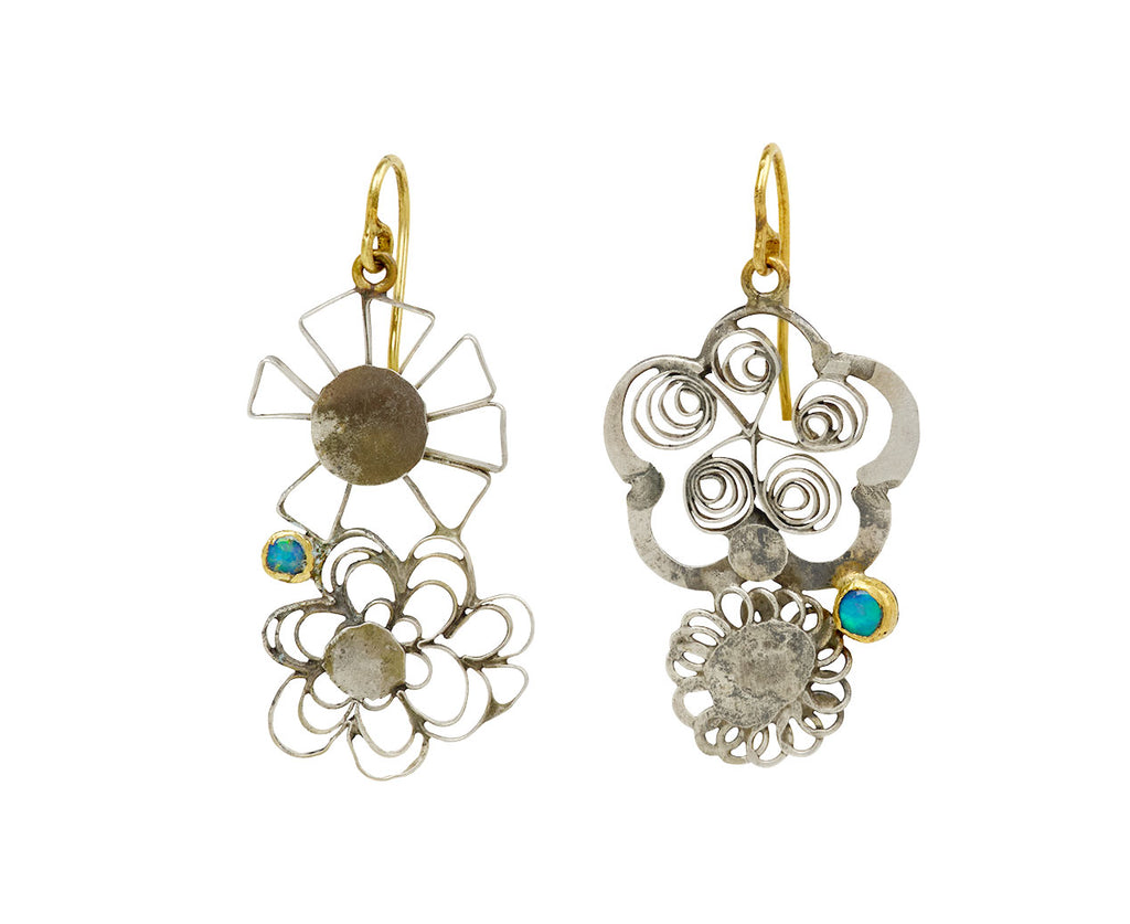 Judy Geib Silver and Opal Double Flowery Earrings