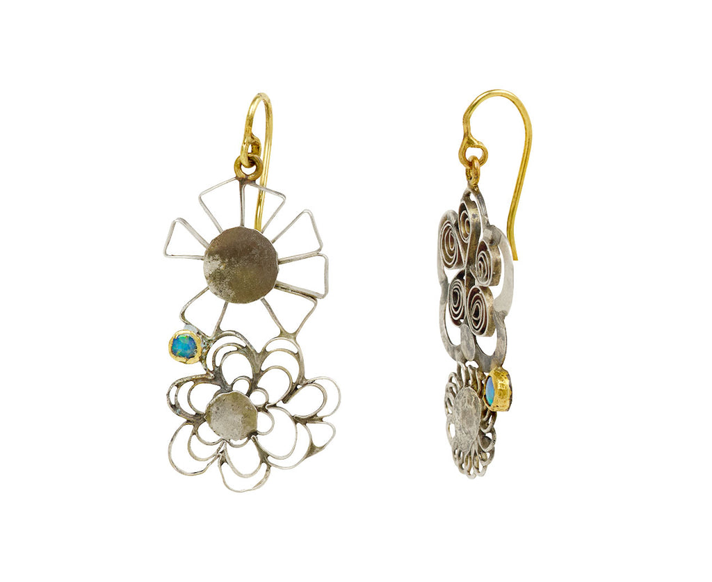 Silver and Opal Double Flowery Earrings