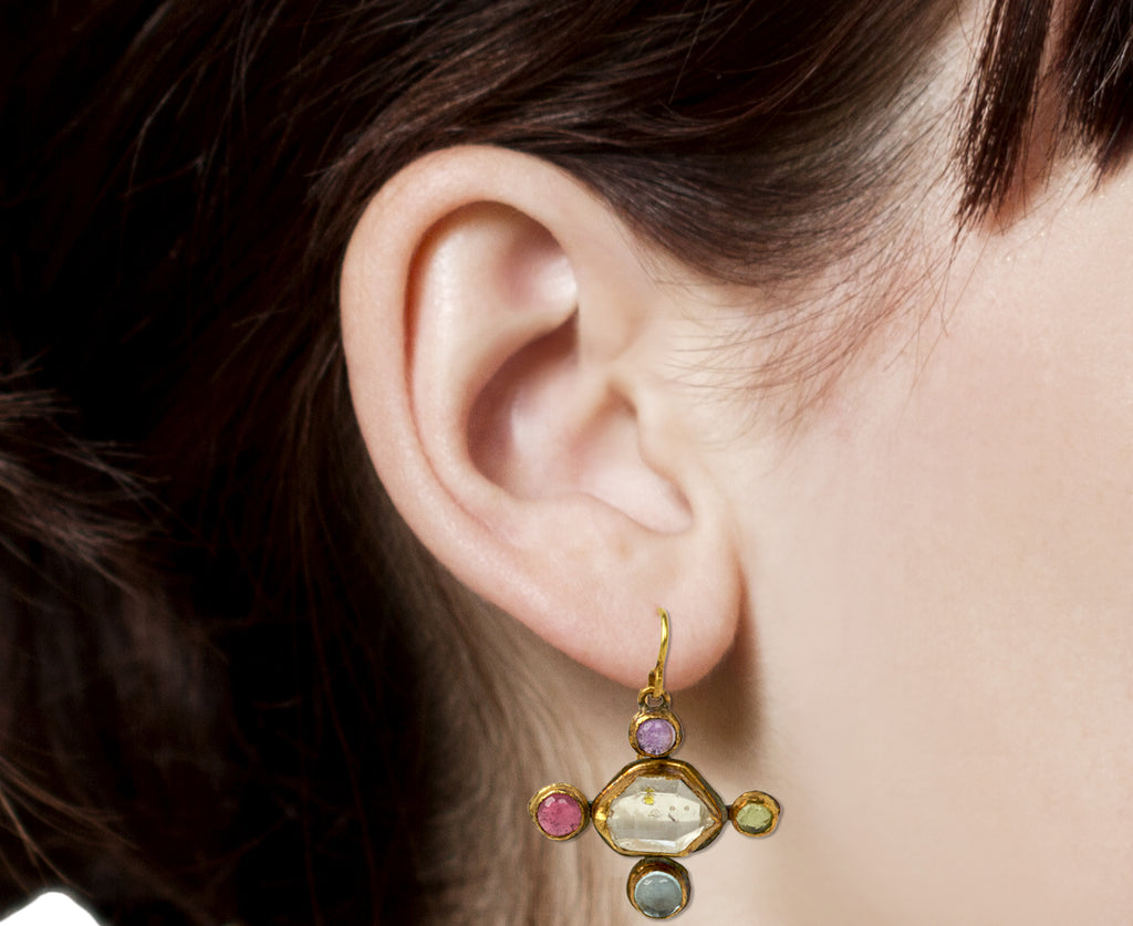 Judy Geib Herkimer Diamond and Multi Gem Earrings - profile closeup