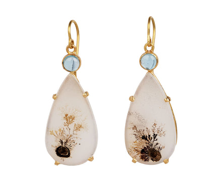 Judy Geib Pear Shaped Idiosyncratic Dendritic Agate and Blue Topaz Earrings