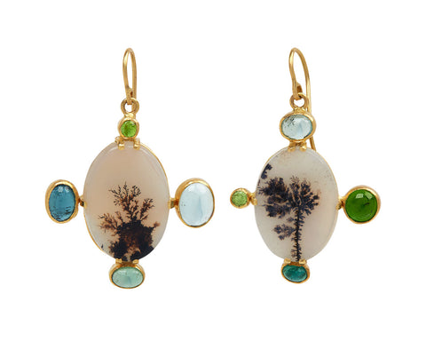 Oval Dendritic Agate and Cool Toned Gem Earrings